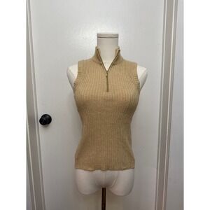 VTG Y2K Camel Ribbed Knit Quarter Zip Sequin Mock Neck Sleeveless Sweater Small